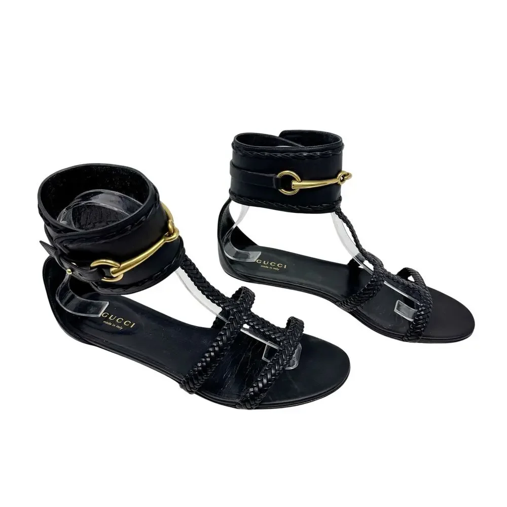 Gucci Horsebit Gladiator Sandals Braided Leather Ankle Cuff Size 37 Black - Picture 3 of 7